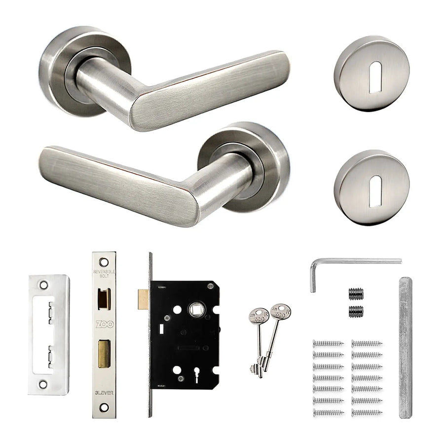 Echo Satin Nickel Privacy Door Lever Handles - Sash Lock Kit Set