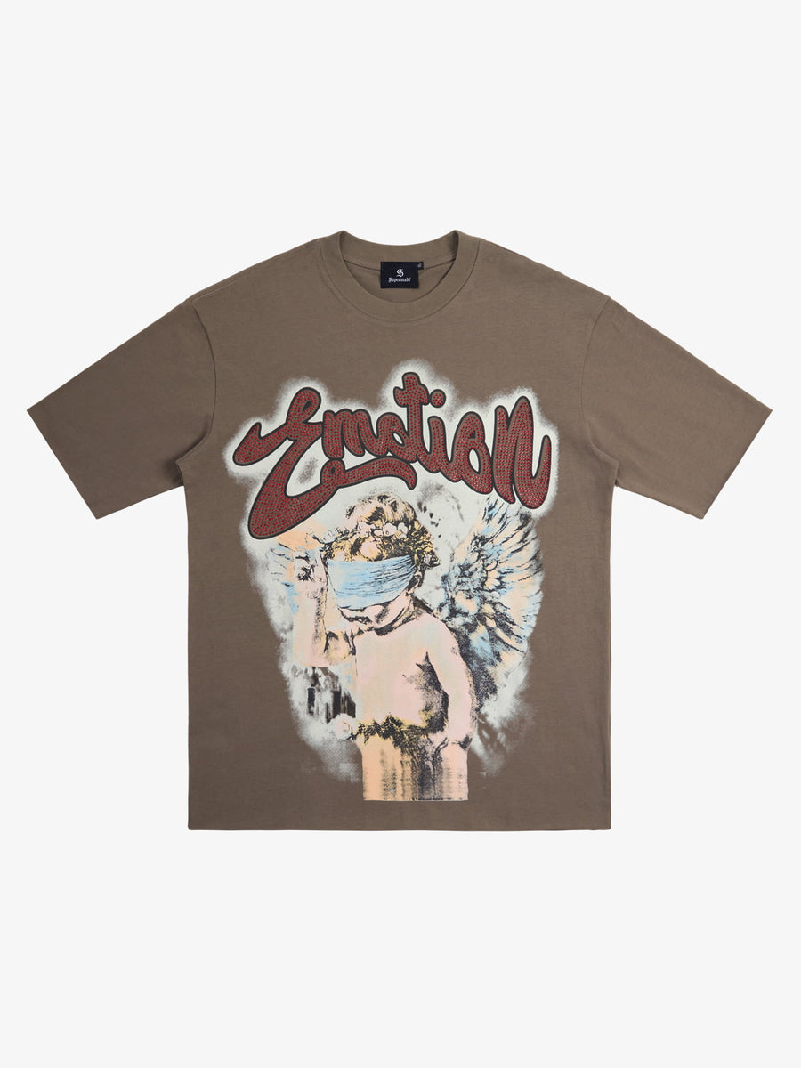 Retro Blindfold Angel Rhinestone Letter Graphic T-Shirt - Dark Brown / S