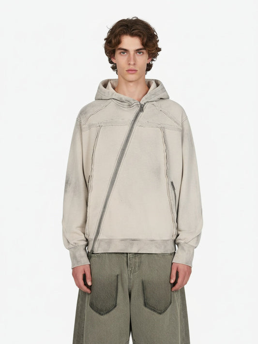 Retro Asymmetric Zip Up Deconstructed Hoodie - Apricot / S