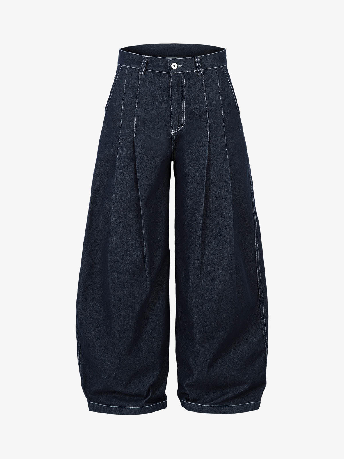 Deconstructed Contrast Stitching Pleated Baggy Barrel Jeans - 2343 - Dark Blue / M