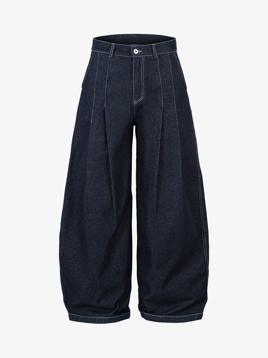 Deconstructed Contrast Stitching Pleated Baggy Barrel Jeans - 2343 - Dark Blue / M
