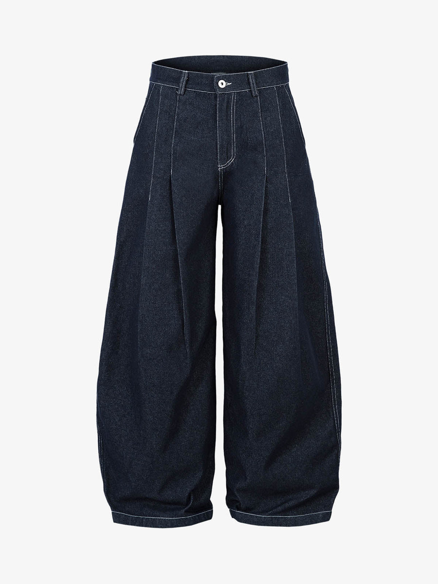 Deconstructed Contrast Stitching Pleated Baggy Barrel Jeans - 2343 - Dark Blue / M
