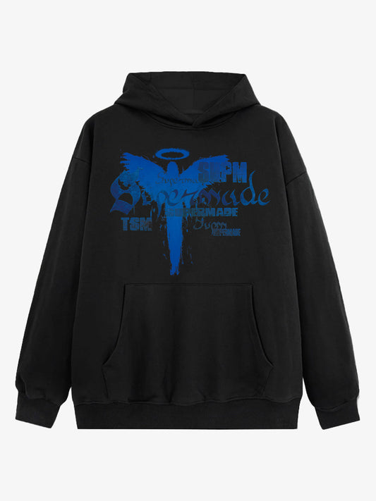 Vintage Washed Angel Halo Distressed Letter Graphic Hoodie - Black / M