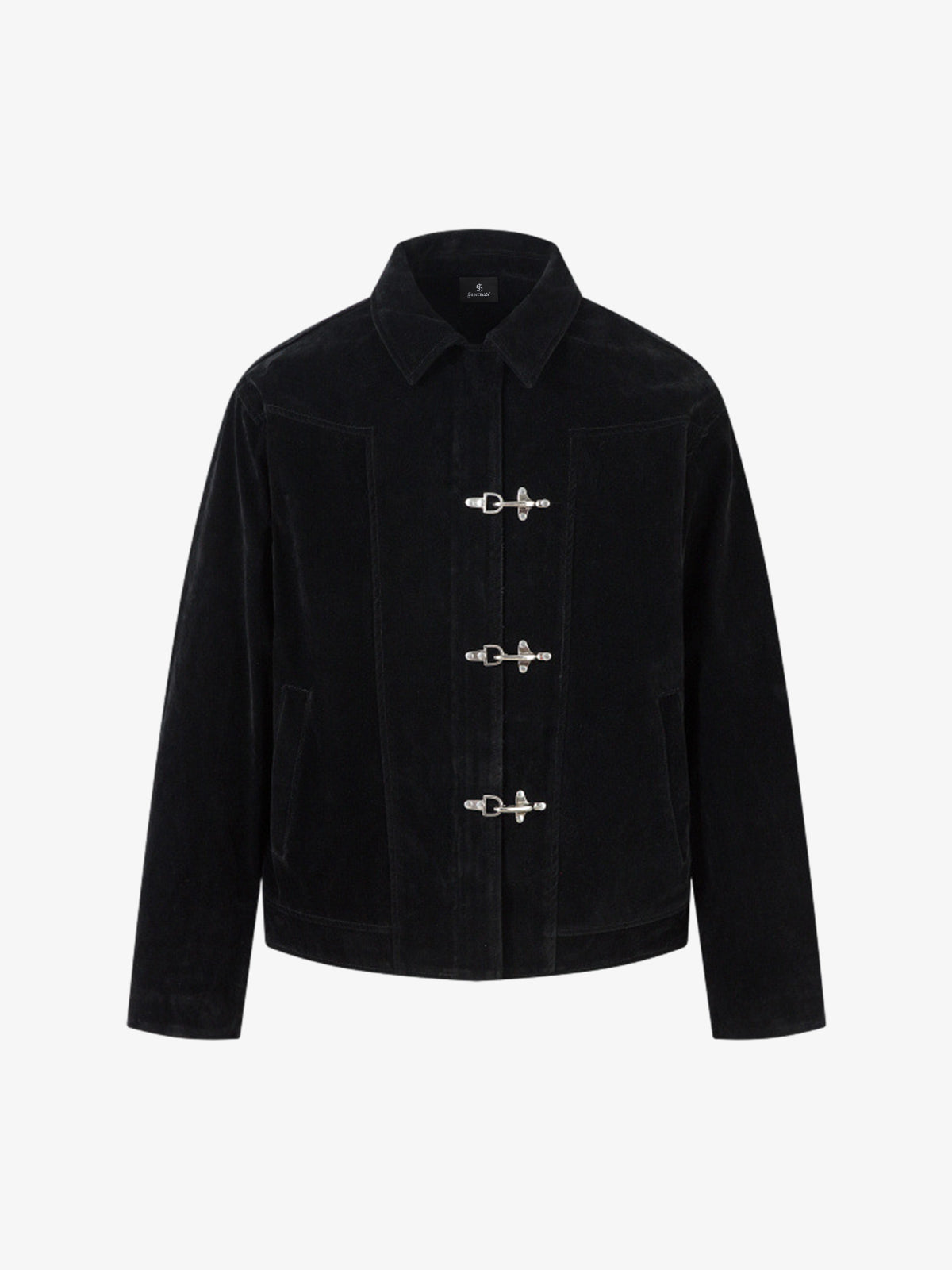 Retro Unique Metal Button Lapel Suede Bomber Jacket - 2538 - Black / M