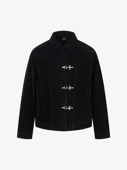 Retro Unique Metal Button Lapel Suede Bomber Jacket - 2538 - Black / M