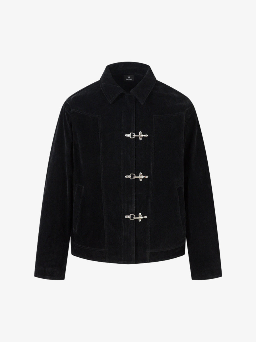Retro Unique Metal Button Lapel Suede Bomber Jacket - 2538 - Black / M