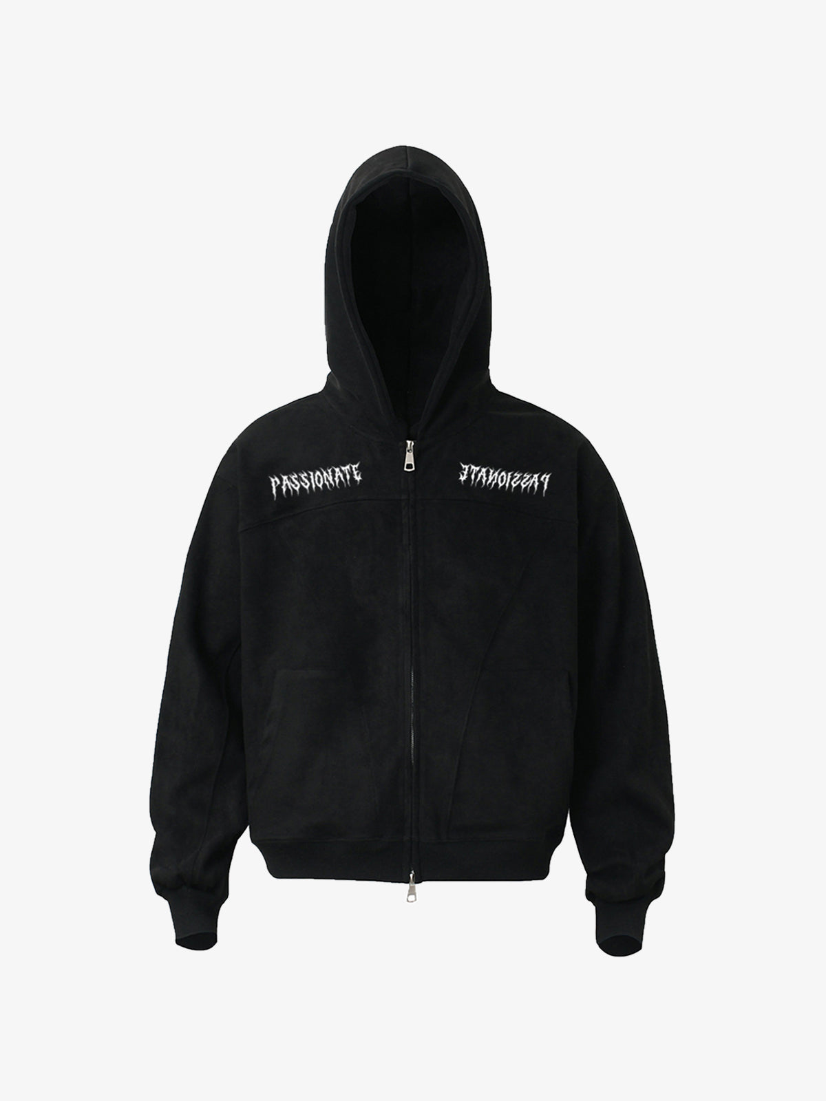 Vintage Suede Letter Embroidered Cropped Zip Up Hoodie - Black / M