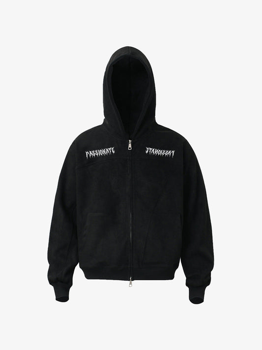 Vintage Suede Letter Embroidered Cropped Zip Up Hoodie - Black / M
