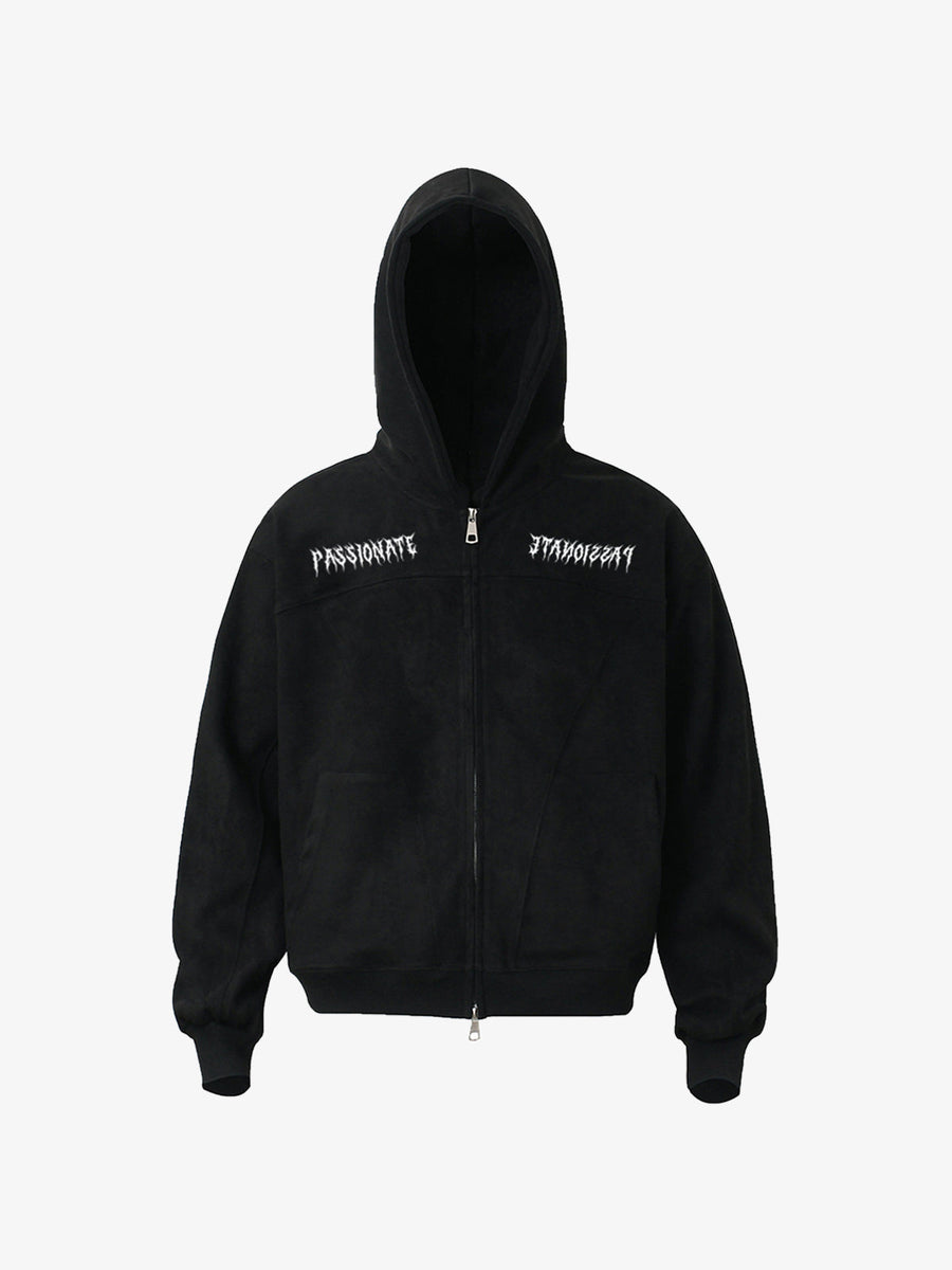 Vintage Suede Letter Embroidered Cropped Zip Up Hoodie - Black / M