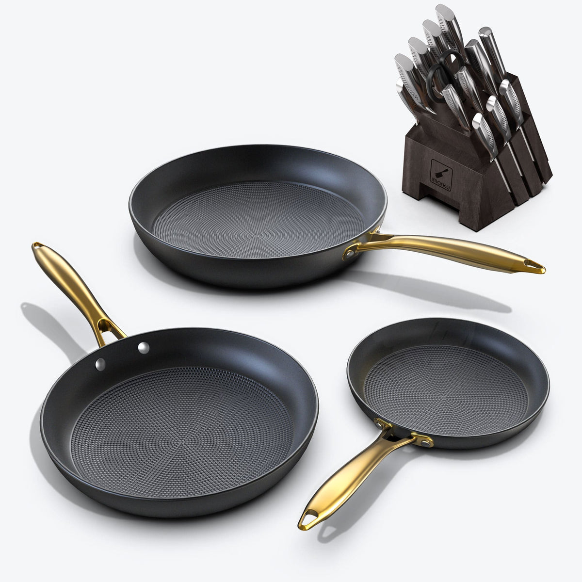 Frying Pan Set with Golden Handle & Ultra Sharp Knife Set - Gray