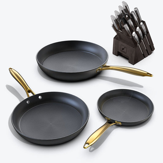 Frying Pan Set with Golden Handle & Ultra Sharp Knife Set - Gray