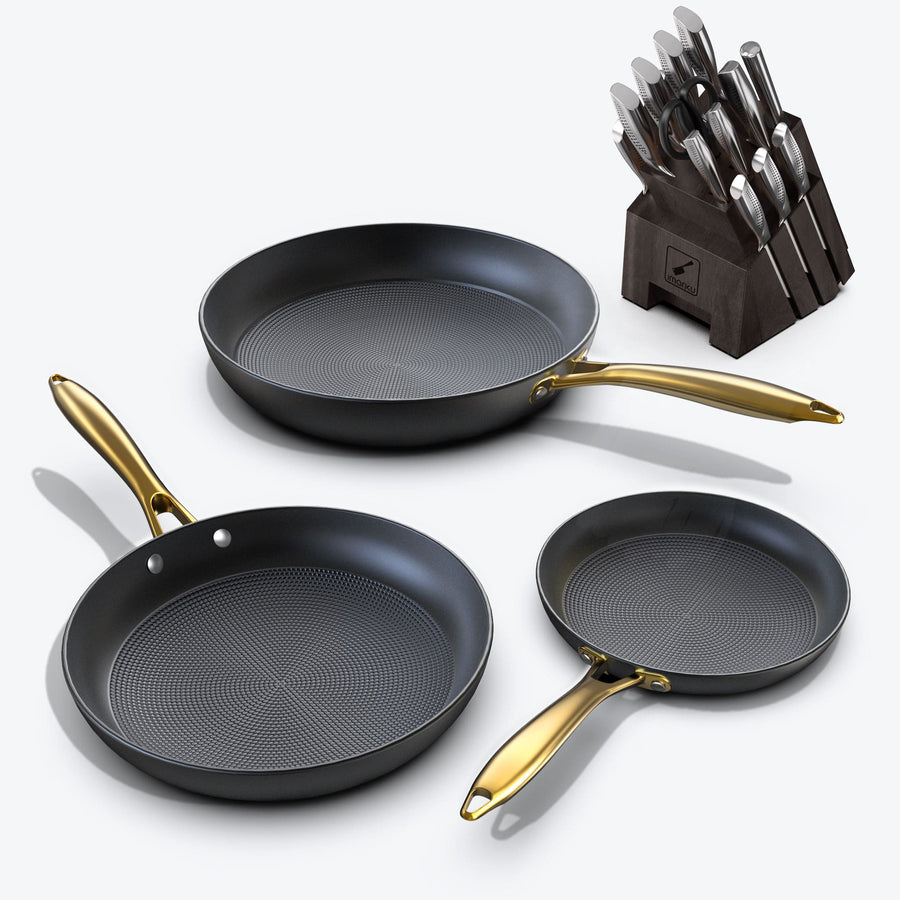 Frying Pan Set with Golden Handle & Ultra Sharp Knife Set - Gray