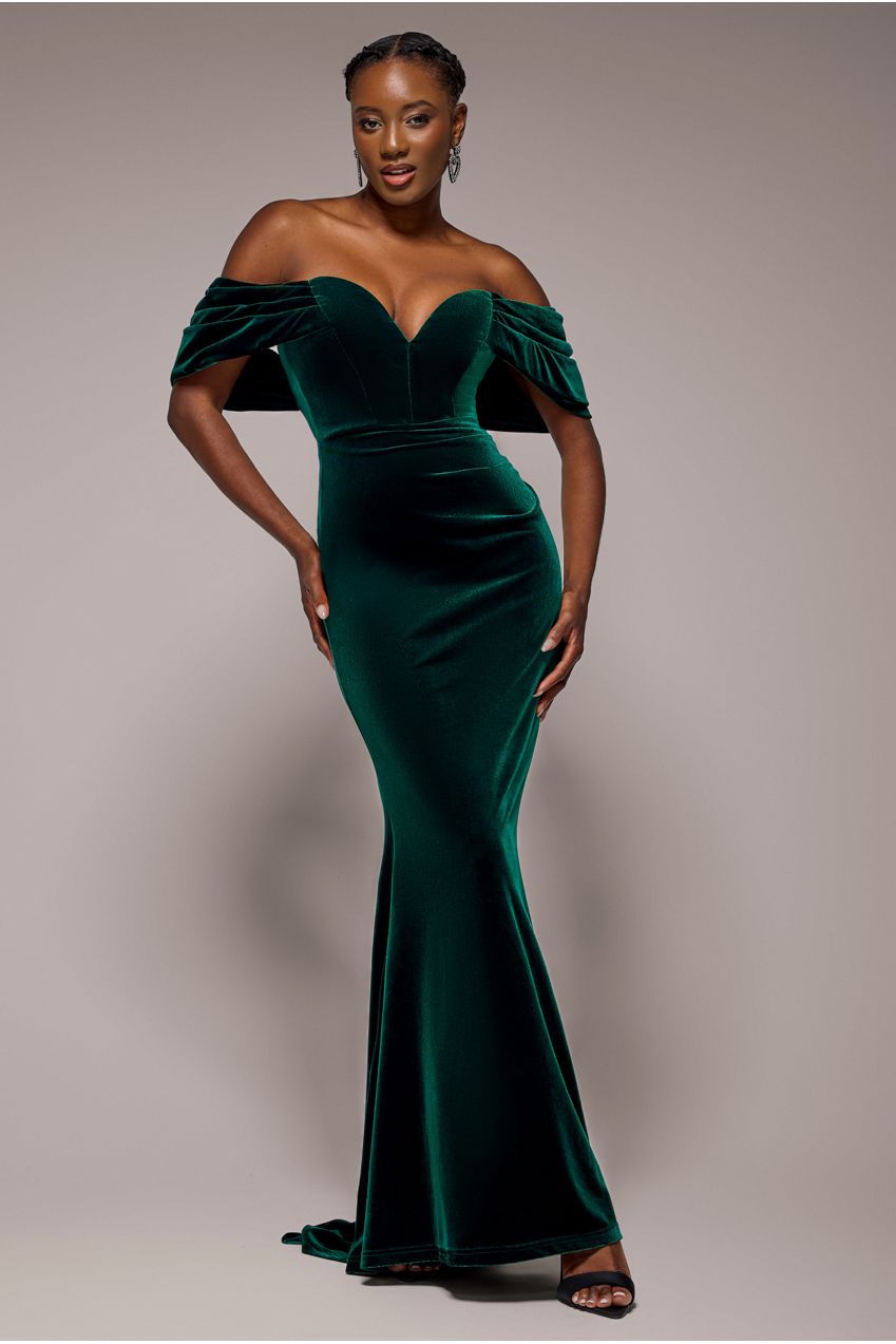 Goddiva Off The Shoulder Deep Plunge Velvet Maxi Dress - Emerald Green