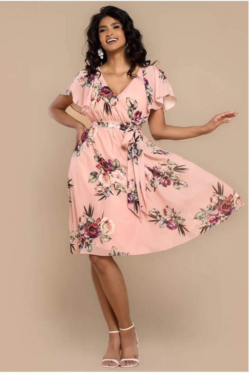 Sustainable Floral Print Midi Wrap Dress With Flutter Sleeves - Peach by Goddiva