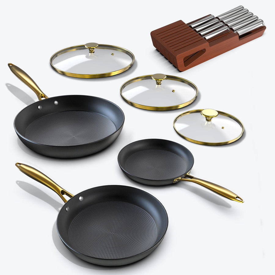 Cast Iron Skillets with Glass Lids and Space-Saving In-Drawer Knife Set Bundle