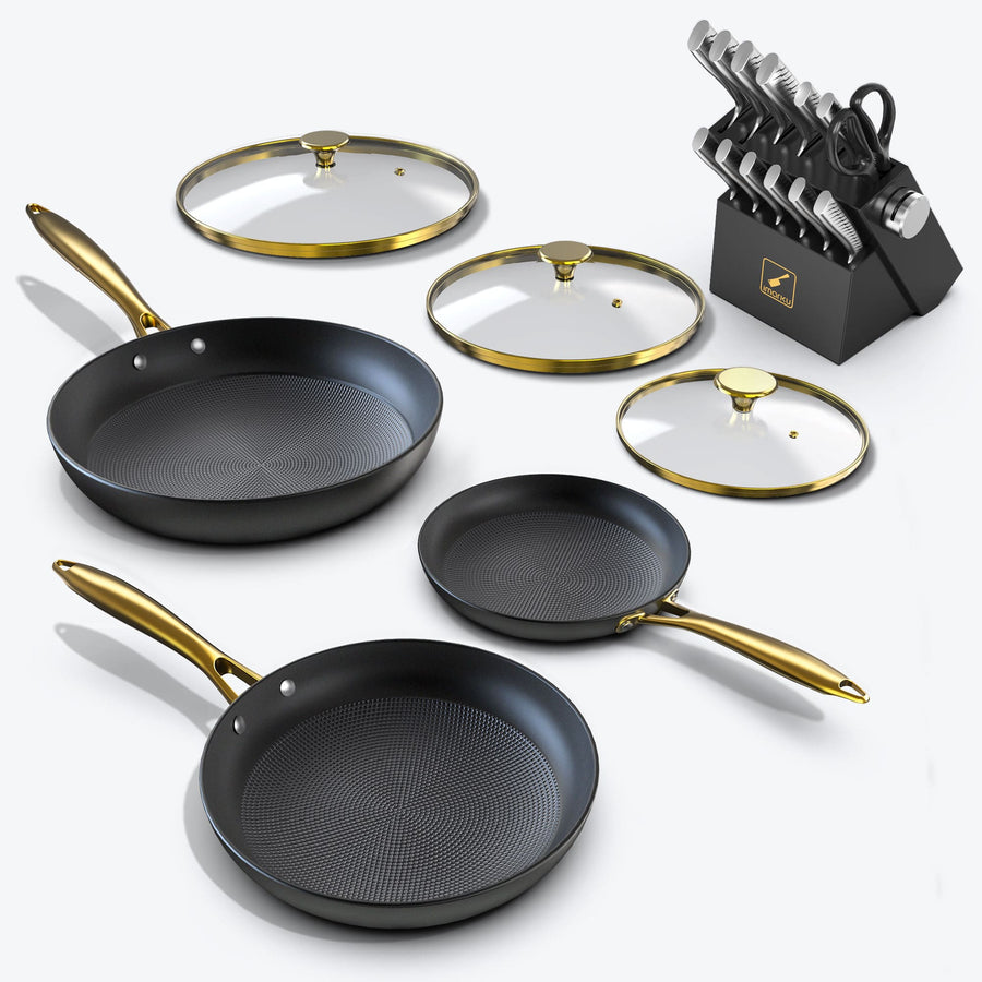 Nonstick Frying Pans with Glass Lids and Kitchen Knife Block Set Bundle - Black
