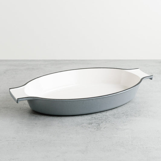 Samuel Groves Grey & White Oval Cast Iron Enamel Gratin Dish 36cm – Lifetime Guarantee