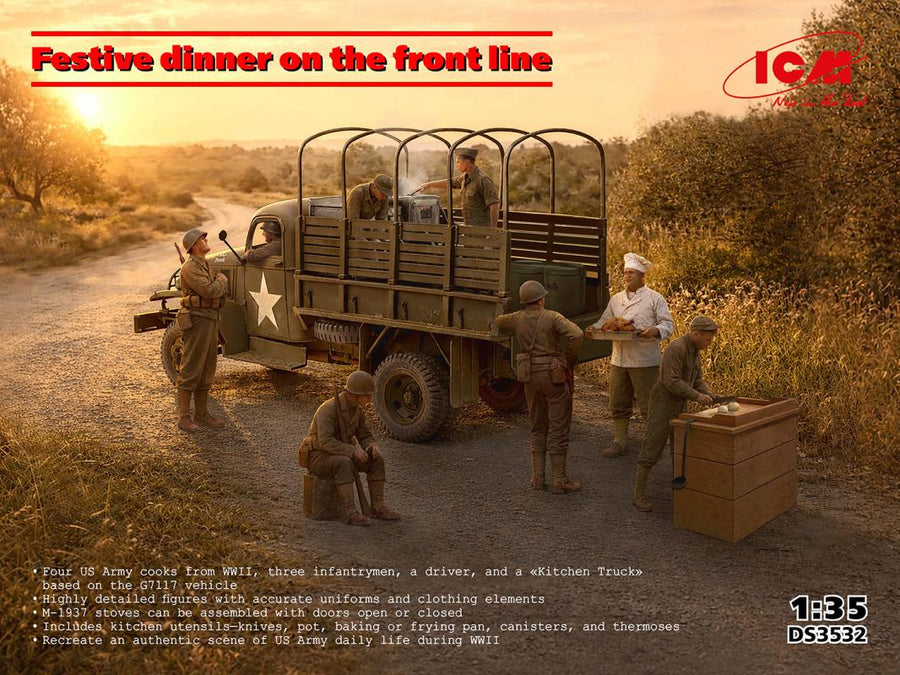 Festive dinner on the front line (WWII US Army Kitchen Truck, US Field Stove M1937 with cooks)