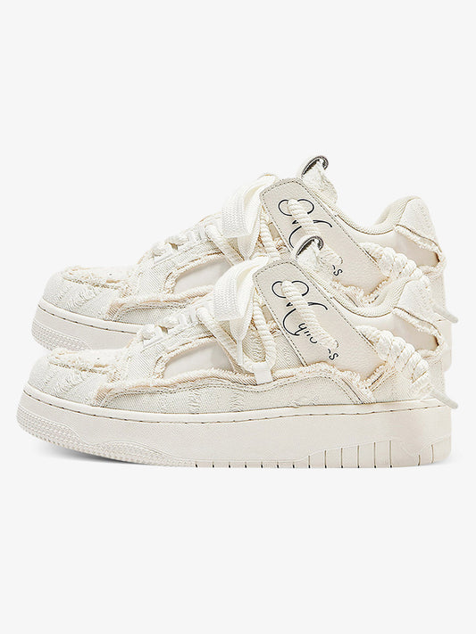 Rubber Sole Contrast Color Destruction Tassel Sneakers - 2356 - White / 35