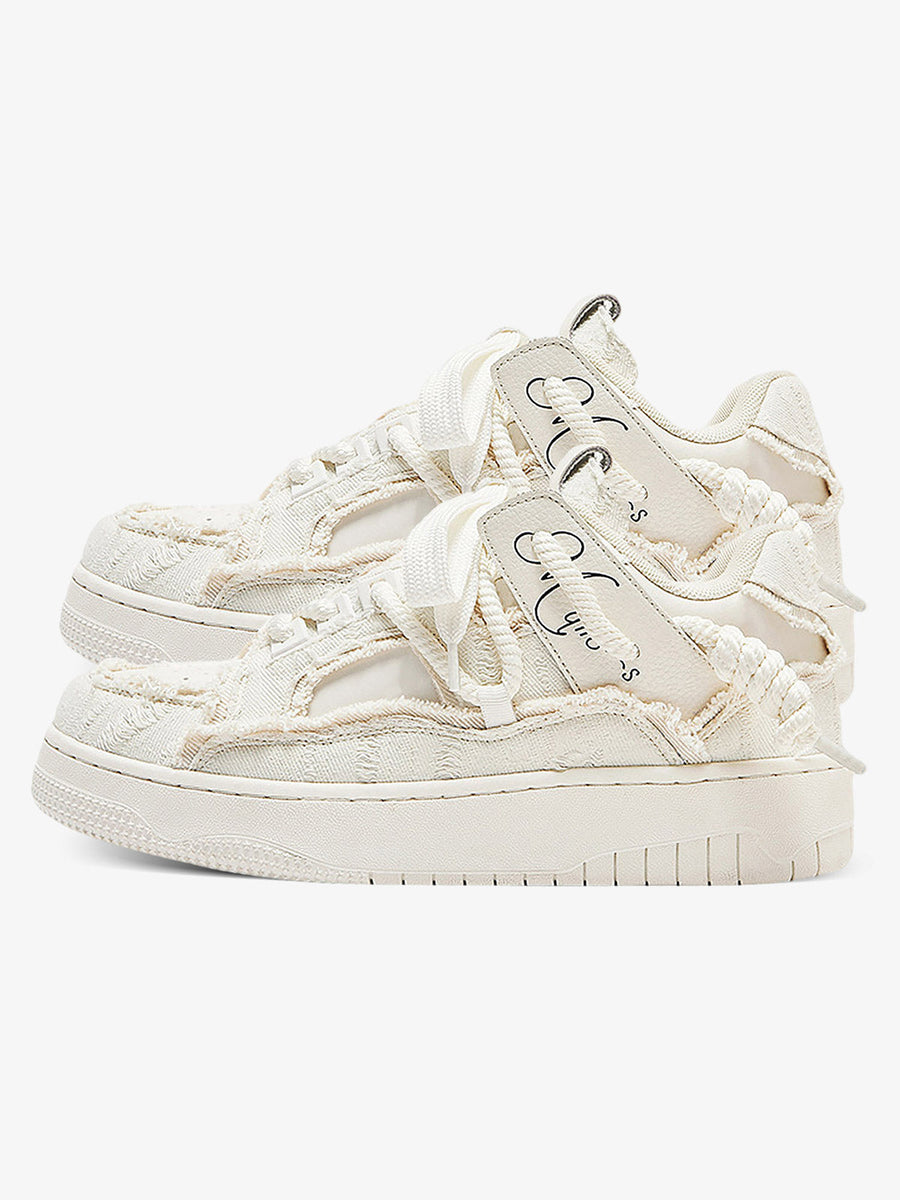 Rubber Sole Contrast Color Destruction Tassel Sneakers - 2356 - White / 35