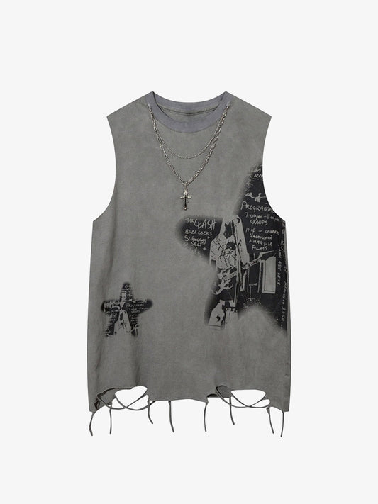 Thesupermade Vintage Necklace Star Print Hip-Hop Tank Top - 2070 - Grey / S