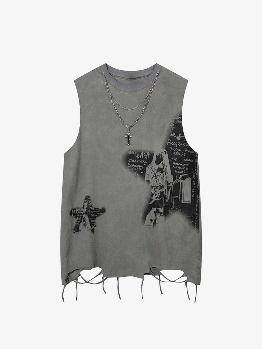 Thesupermade Vintage Necklace Star Print Hip-Hop Tank Top - 2070 - Grey / S