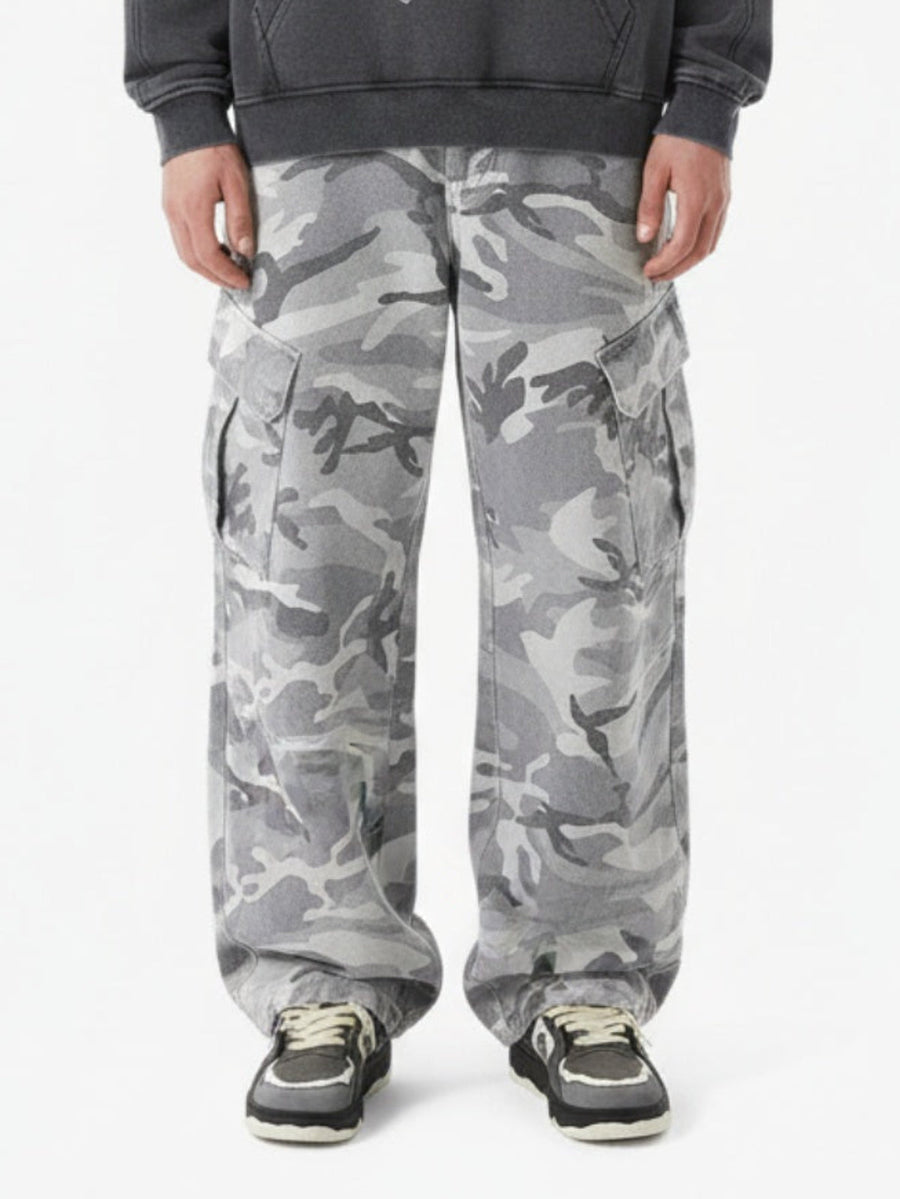 Snow Camouflage Machete Wide-Leg Cargo Barrel Pants - 2548 - Classic Camouflage / S