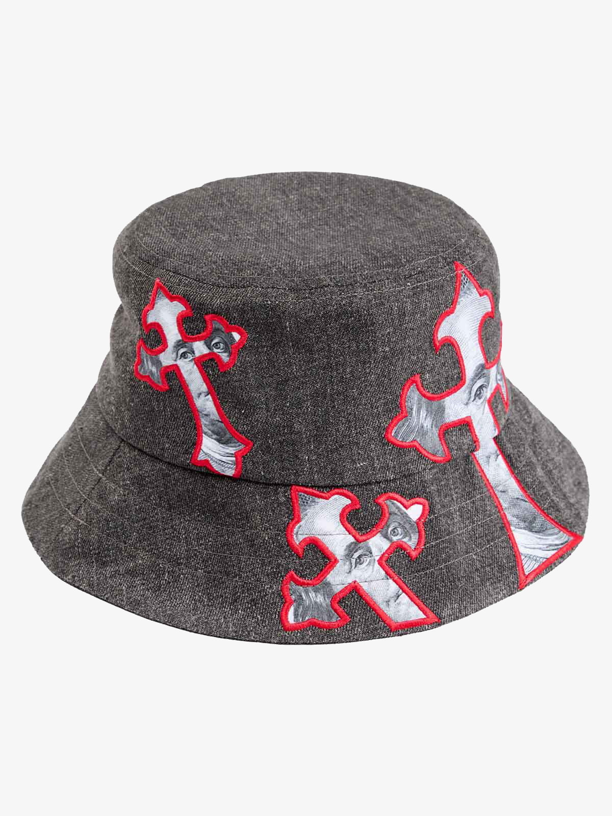 Cross And Portrait Denim Bucket Hat - Grey / ONE SIZE