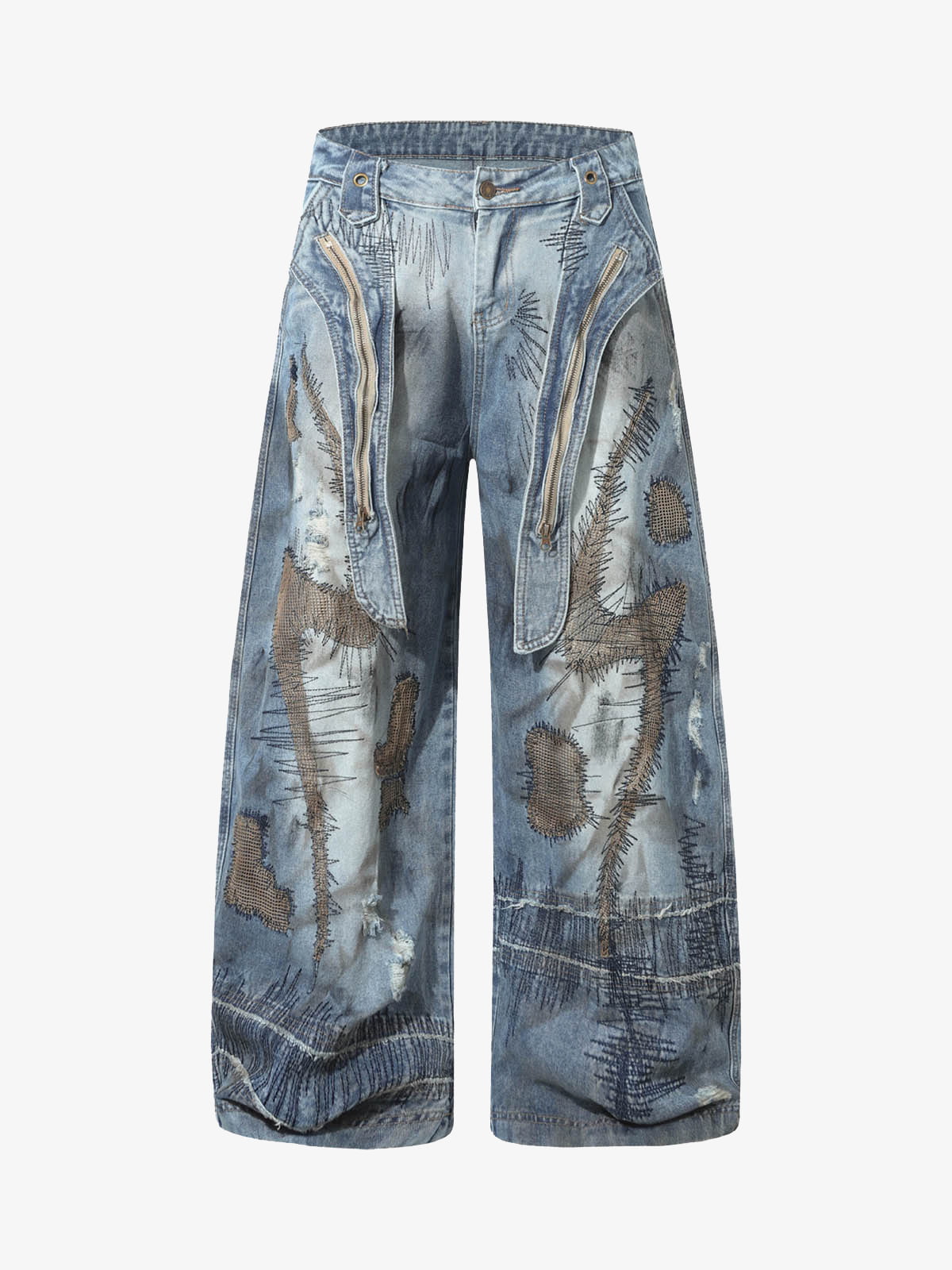 Multi Zipper Washed Barrel Jeans - 2421 - Blue / M