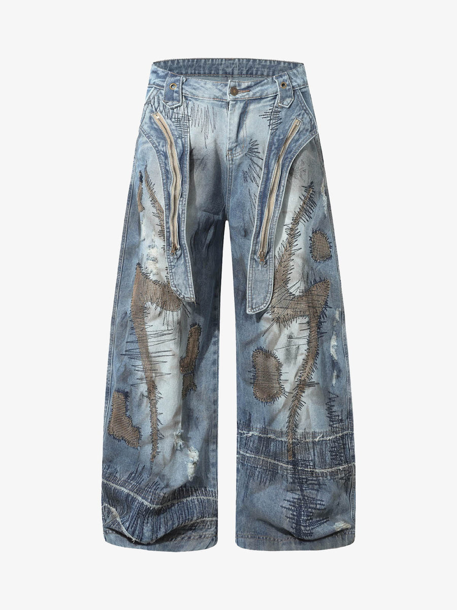 Multi Zipper Washed Barrel Jeans - 2421 - Blue / M