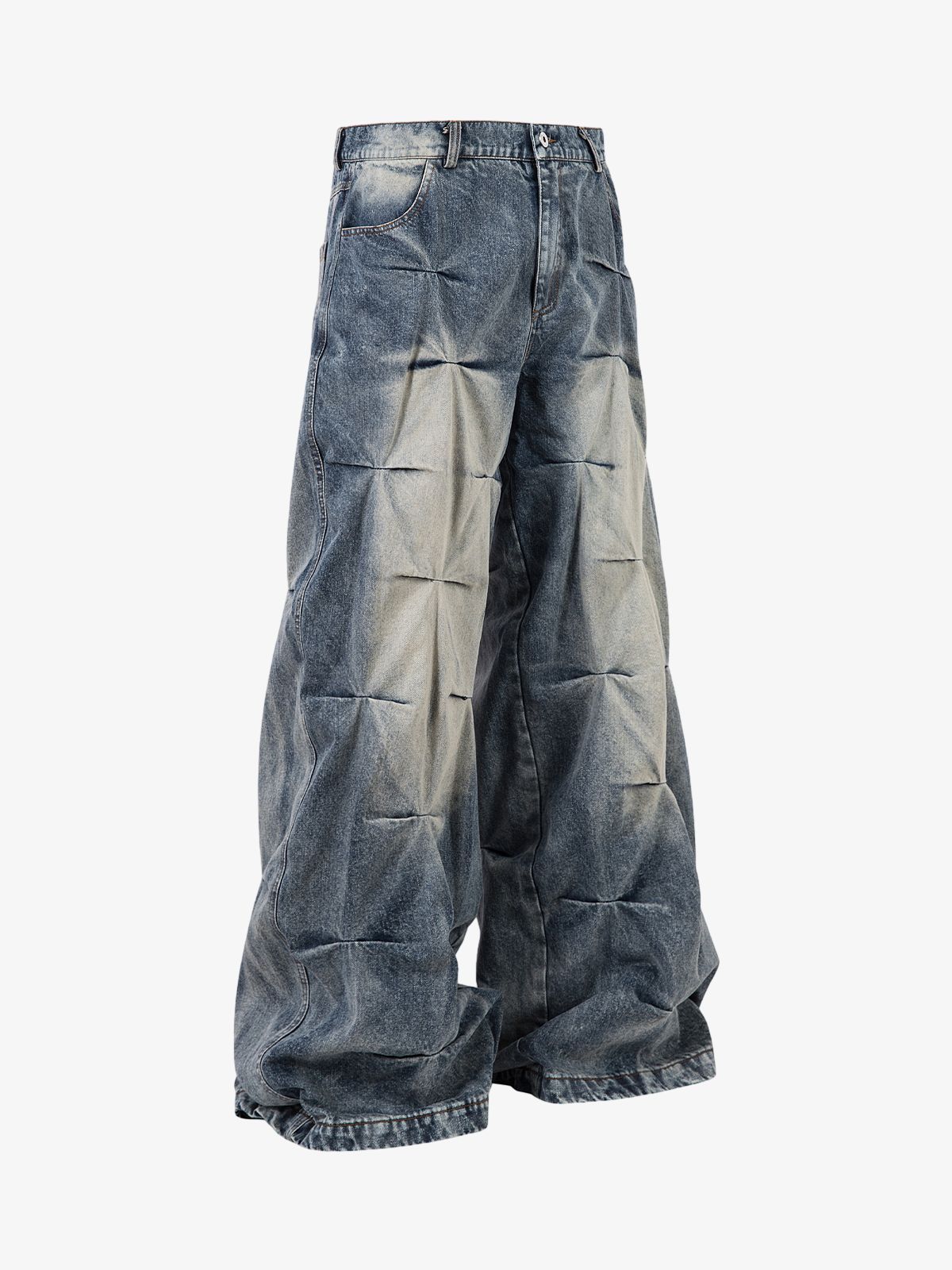 Distressed Washed Pleated Jeans - Blue / M