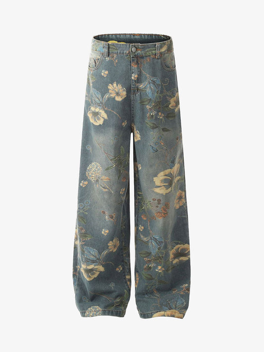 Denim Floral Print Carpenter Jeans - 2237 - Blue / S