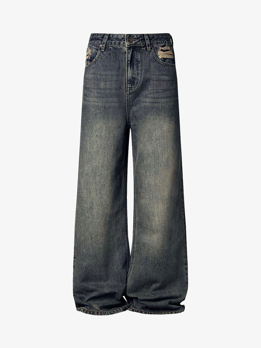 Washed Dirty-Dye Straight Jeans - 2352 - Dark Blue / M