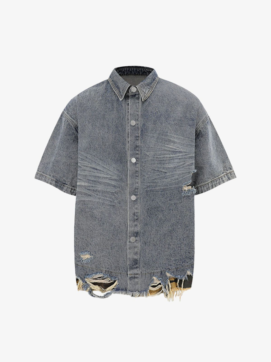 Distressed Denim Ripped Short-Sleeve Shirt - Light Blue / M