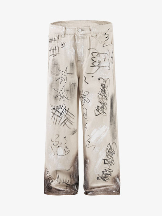Distressed Washed Graffiti Baggy Jeans - Light Brown / M