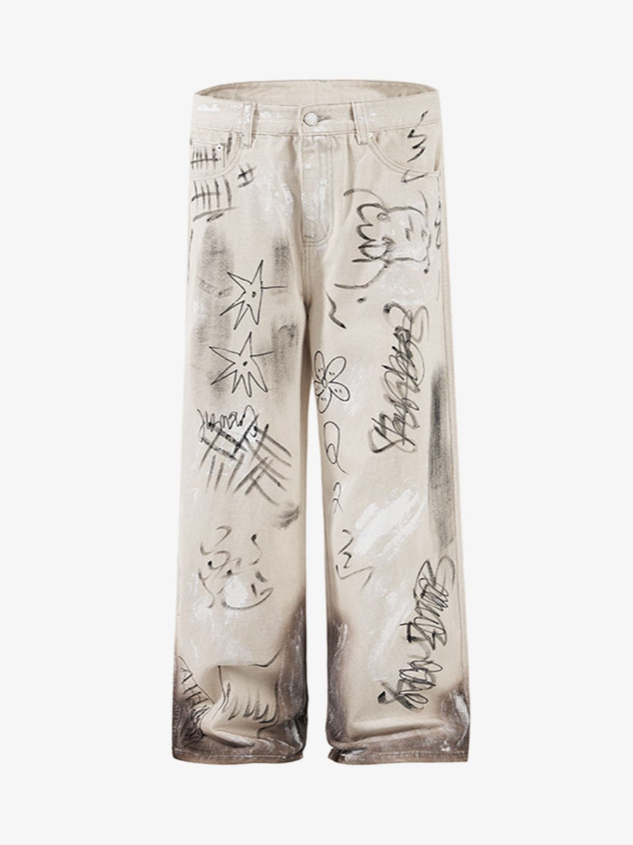 Distressed Washed Graffiti Baggy Jeans - Light Brown / M