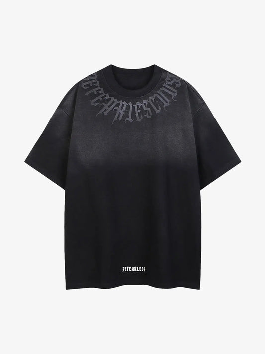 Retro Gradient Letter Printed Washed Oversize T-Shirt - Black / S