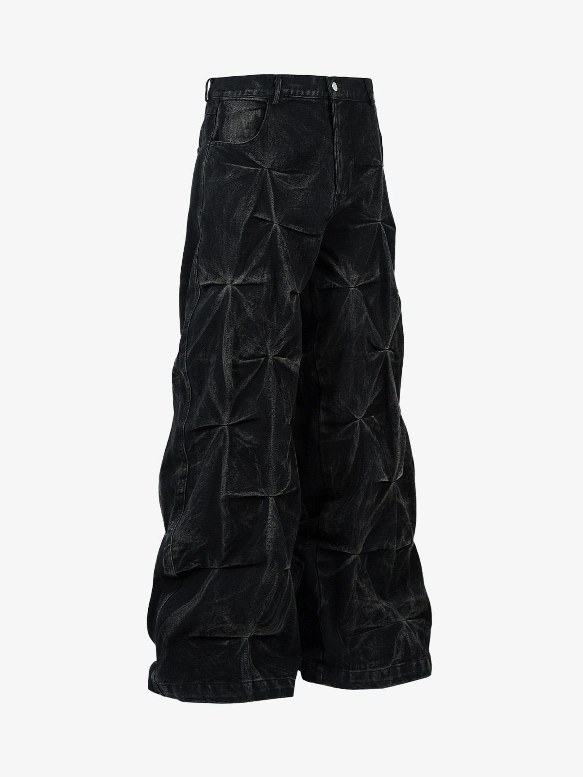 Denim Heavy Washed Distressed Pleated Baggy Jeans - 2282 - Black / M