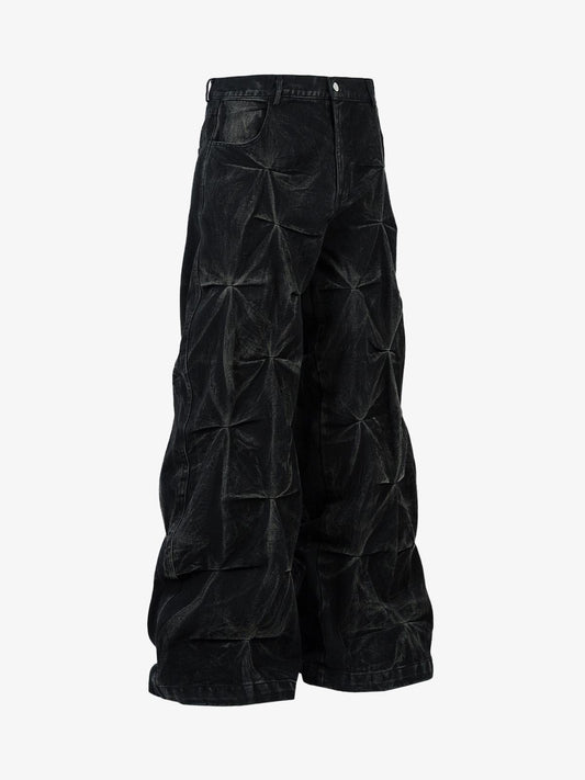 Denim Heavy Washed Distressed Pleated Baggy Jeans - 2282 - Black / M