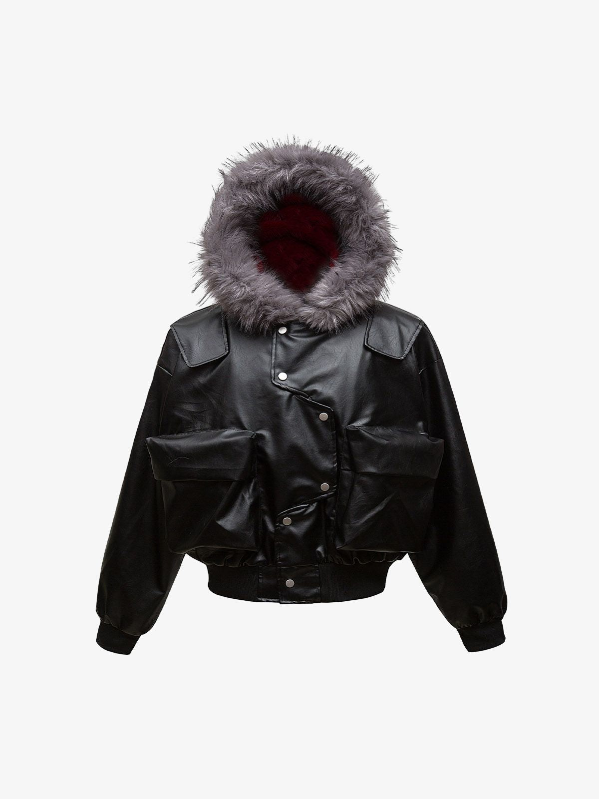 Deconstructed Multi Pocket Fur Hooded PU Leather Jacket - 2566 - Black / M
