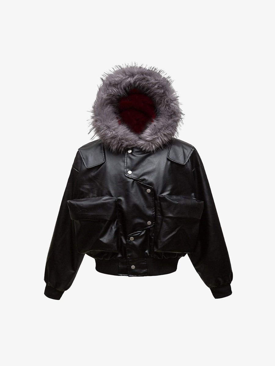 Deconstructed Multi Pocket Fur Hooded PU Leather Jacket - 2566 - Black / M