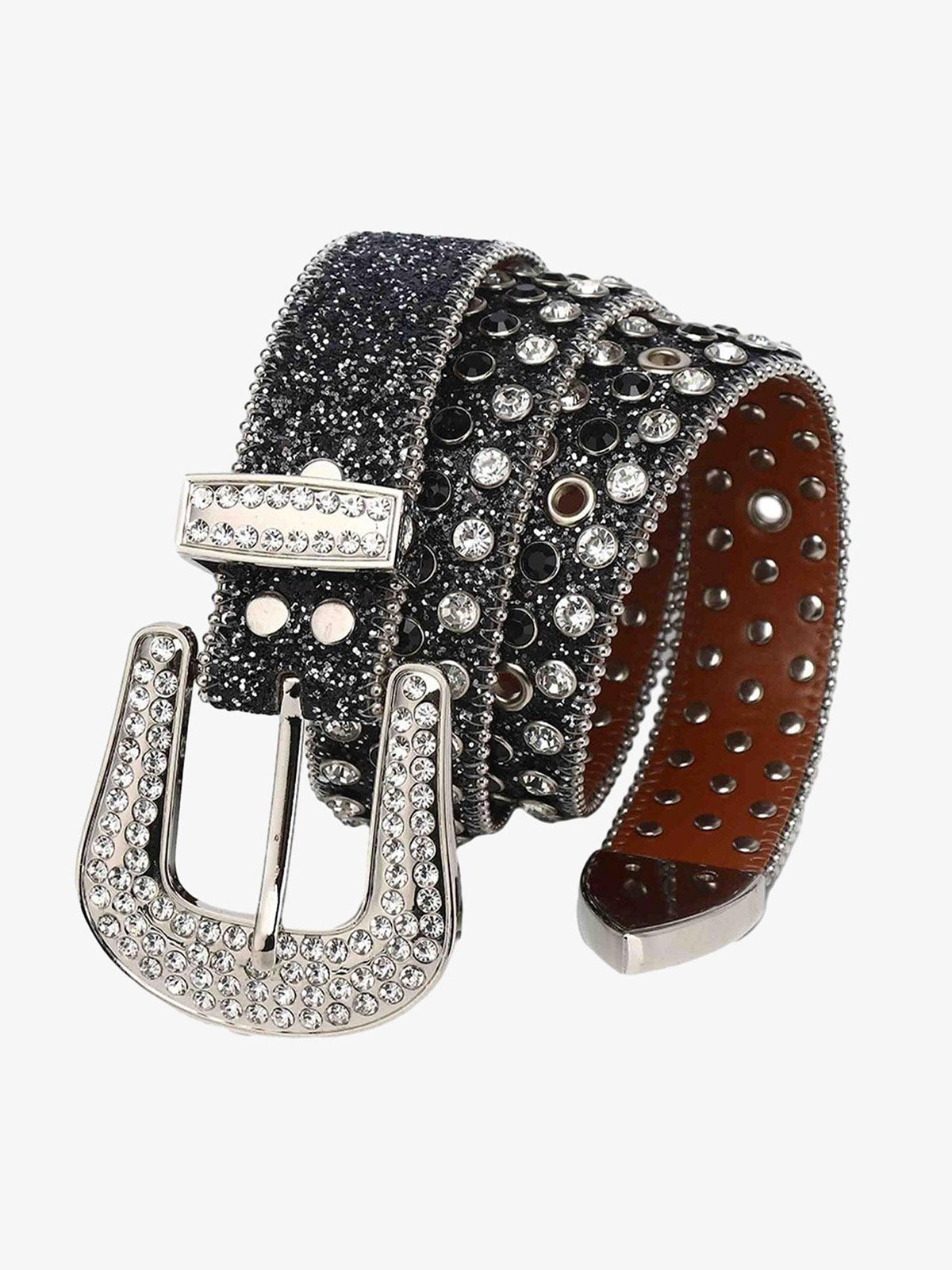 Thesupermade Studded Rhinestone Hip Hop Belt - 1691 - Black / 100CM