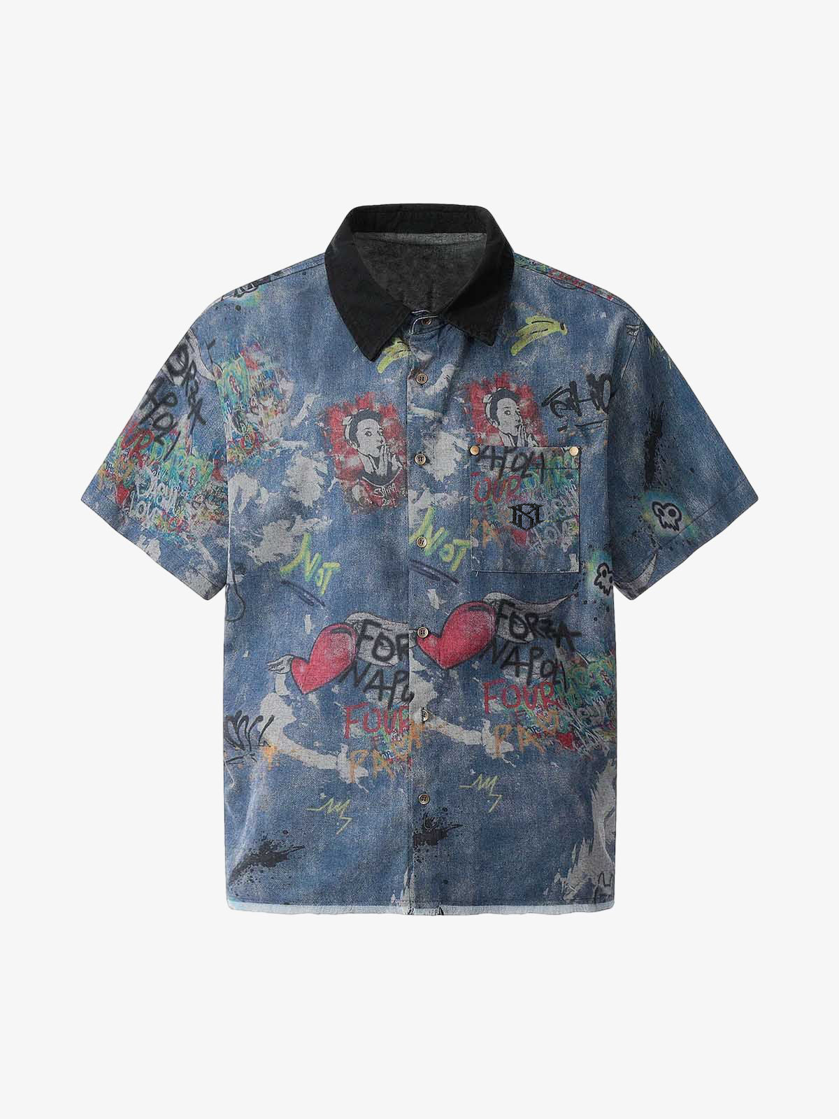 Tie-Dye Denim Graffiti Polo T-Shirt - Blue / L