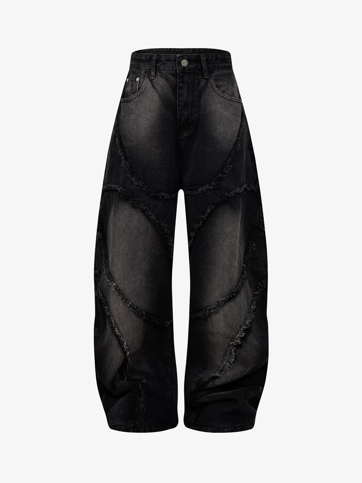 Washed Distressed Raw Edge Barrel Jeans - 2402 - Black / M