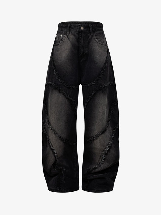 Washed Distressed Raw Edge Barrel Jeans - 2402 - Black / M