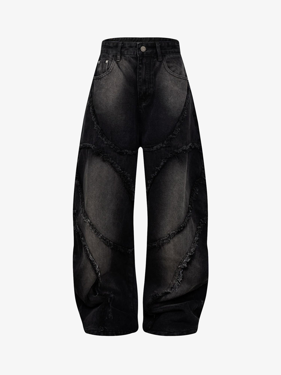 Washed Distressed Raw Edge Barrel Jeans - 2402 - Black / M