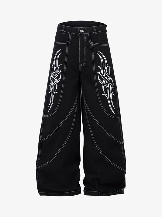 Deconstructed Contrast Embroidered Baggy Jeans - 2330 - Black / M