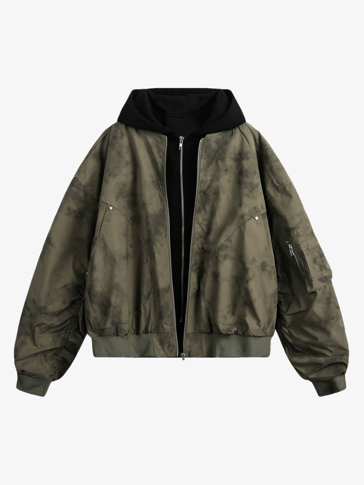 Patchwork Faux Two-Piece Gradient Hooded Bomber Jacket - Dark Green / S