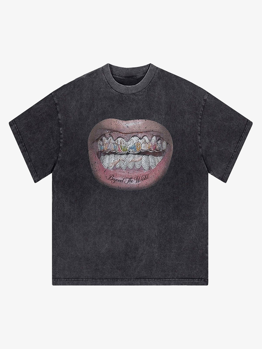 Full Diamond Tooth Pattern T-Shirt - 2258 - Black / S