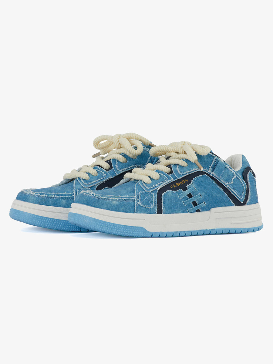 Shredded Denim Patchwork Sneakers - Blue / 36